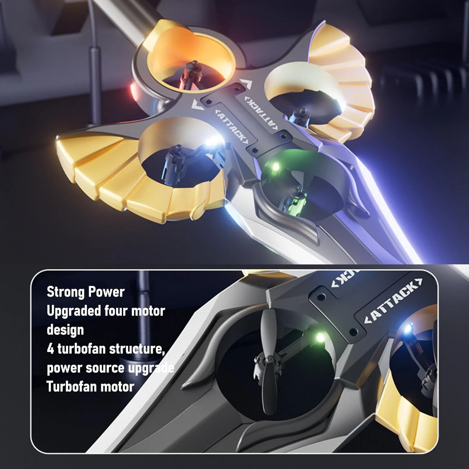 هواپیمای RC شمشیر پرنده، پهپاد کنترلی با چراغ های LED چند رنگ، اسباب بازی بدلکاری 360 درجه شمشیر پهپاد کنترل از راه دور برای کودکان و بزرگسالان 8-16 سال، هدیه تولد کریسمس (طلایی مشکی)