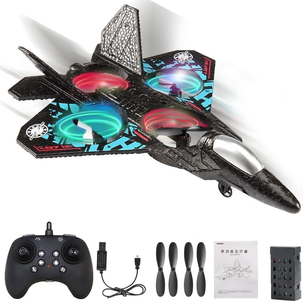 کوادکوپتر جت جنگنده کنترل از راه دور با چراغ های LED، هواپیمای اسباب بازی RC 2.4 گیگاهرتز، شارژ USB، برد 80 متری، RTF برای کودکان، بزرگسالان و مبتدیان