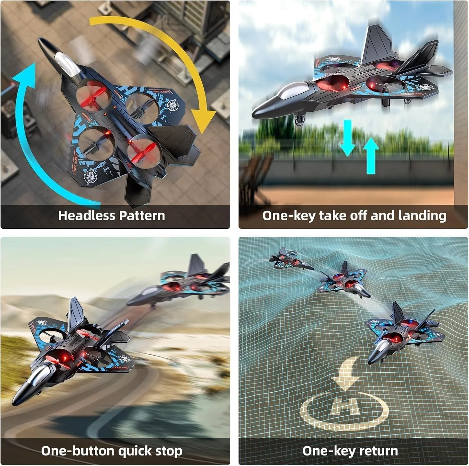 کوادکوپتر جت جنگنده کنترل از راه دور با چراغ های LED، هواپیمای اسباب بازی RC 2.4 گیگاهرتز، شارژ USB، برد 80 متری، RTF برای کودکان، بزرگسالان و مبتدیان