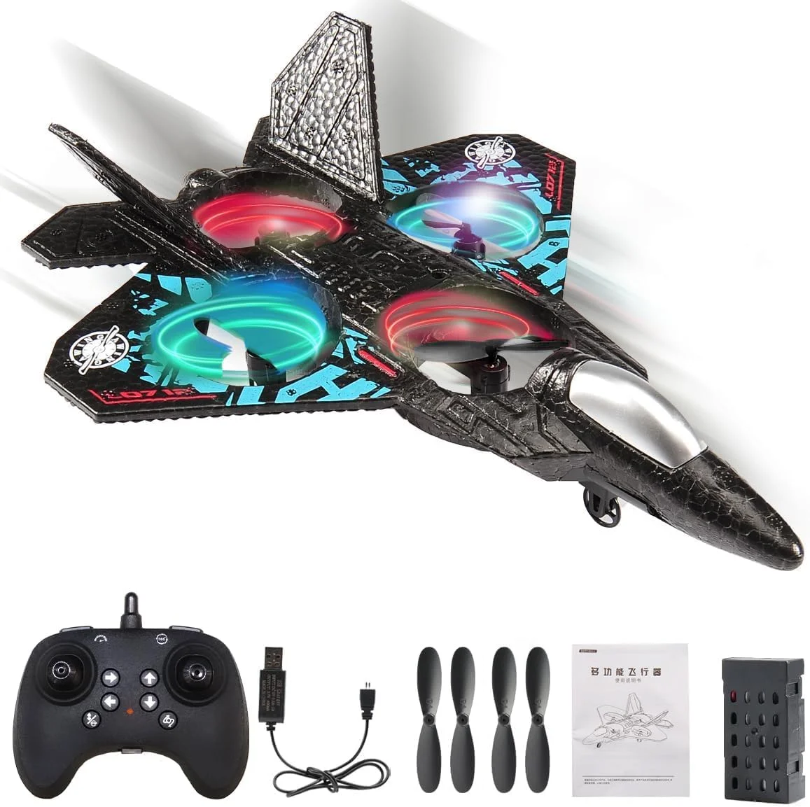 هواپیمای کنترلی از راه دور مدل RC 0712 2.4GHz کوادکوپتر جنگنده با چراغ های LED و شارژ USB - آماده پرواز برای کودکان، بزرگسالان و مبتدیان (برد 80 متر) (متنوع)