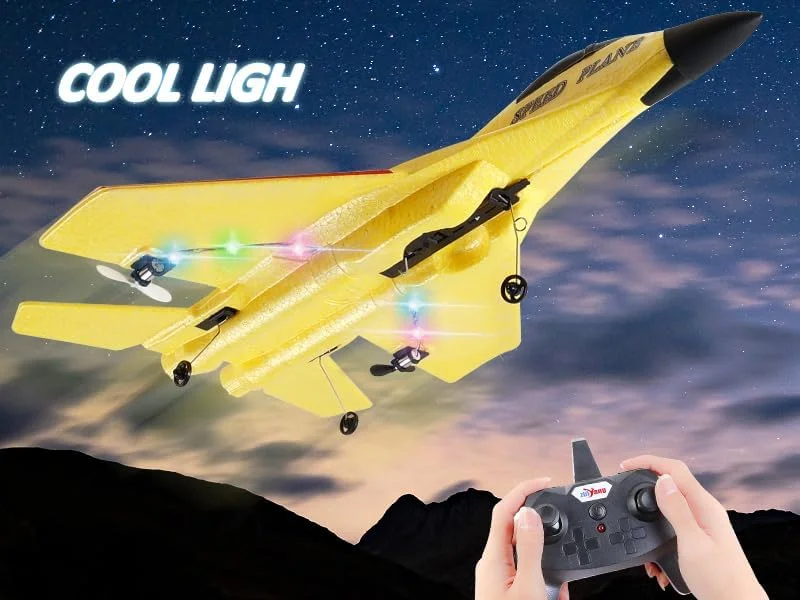 هواپیمای کنترلی، هواپیماهای کنترل از راه دور، هواپیمای کنترلی 2.4 گیگاهرتزی آماده پرواز، هواپیمای گلایدر کنترلی با پرواز آسان، اسباب بازی جنگنده جت هدیه برای کودکان و بزرگسالان مبتدی، شامل باتری، ژیروسکوپ 6 محوره، نور جذاب (زرد)