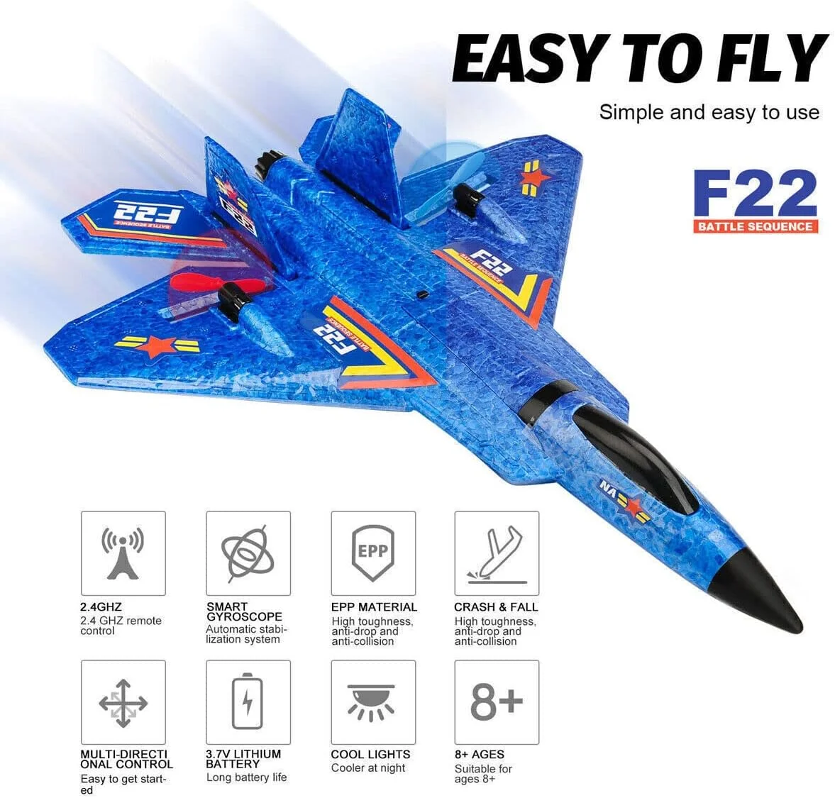 هواپیمای RC مدل F22، جنگنده آماده پرواز، هواپیمای کنترل از راه دور 2.4 گیگاهرتز 2 کاناله، اسباب بازی هواپیمای RC برای پسران، دختران، کودکان و مبتدیان (آبی)