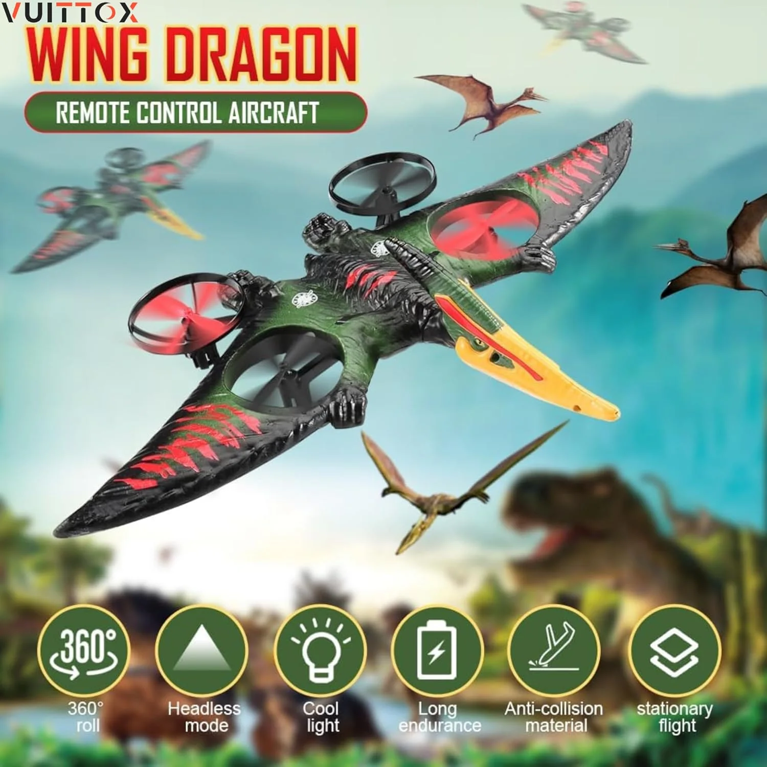هواپیمای RC 2.4 گیگاهرتزی کنترل از راه دور - هواپیمای دایناسور RC با چراغ شب - هواپیمای جنگنده شناور RTF برای مبتدیان - اسباب بازی هواپیما با چراغ های رنگی شارژ USB کودکان و بزرگسالان (قرمز)