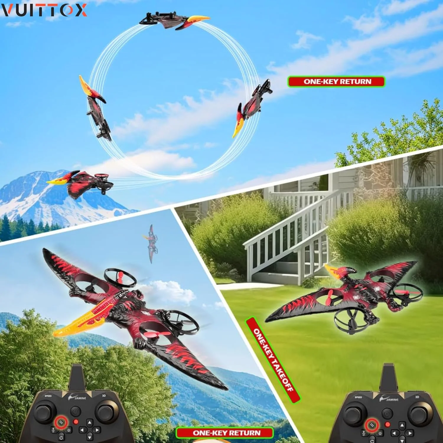 هواپیمای RC 2.4 گیگاهرتزی کنترل از راه دور - هواپیمای دایناسور RC با چراغ شب - هواپیمای جنگنده شناور RTF برای مبتدیان - اسباب بازی هواپیما با چراغ های رنگی شارژ USB کودکان و بزرگسالان (قرمز)