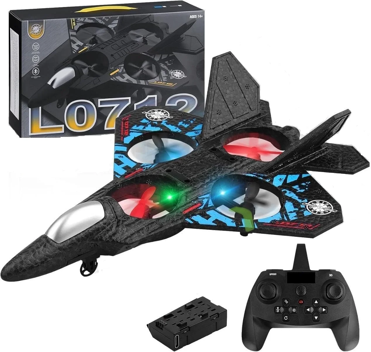 هواپیمای کنترلی 2.4 گیگاهرتز مدل L0712 با چراغ های LED - اسباب بازی هواپیمای کنترل از راه دور برای کودکان و بزرگسالان، برد بلند 80 متری، هواپیمای RC مبتدی قابل شارژ USB، جت جنگنده کوادکوپتر RTF داخلی/خارجی