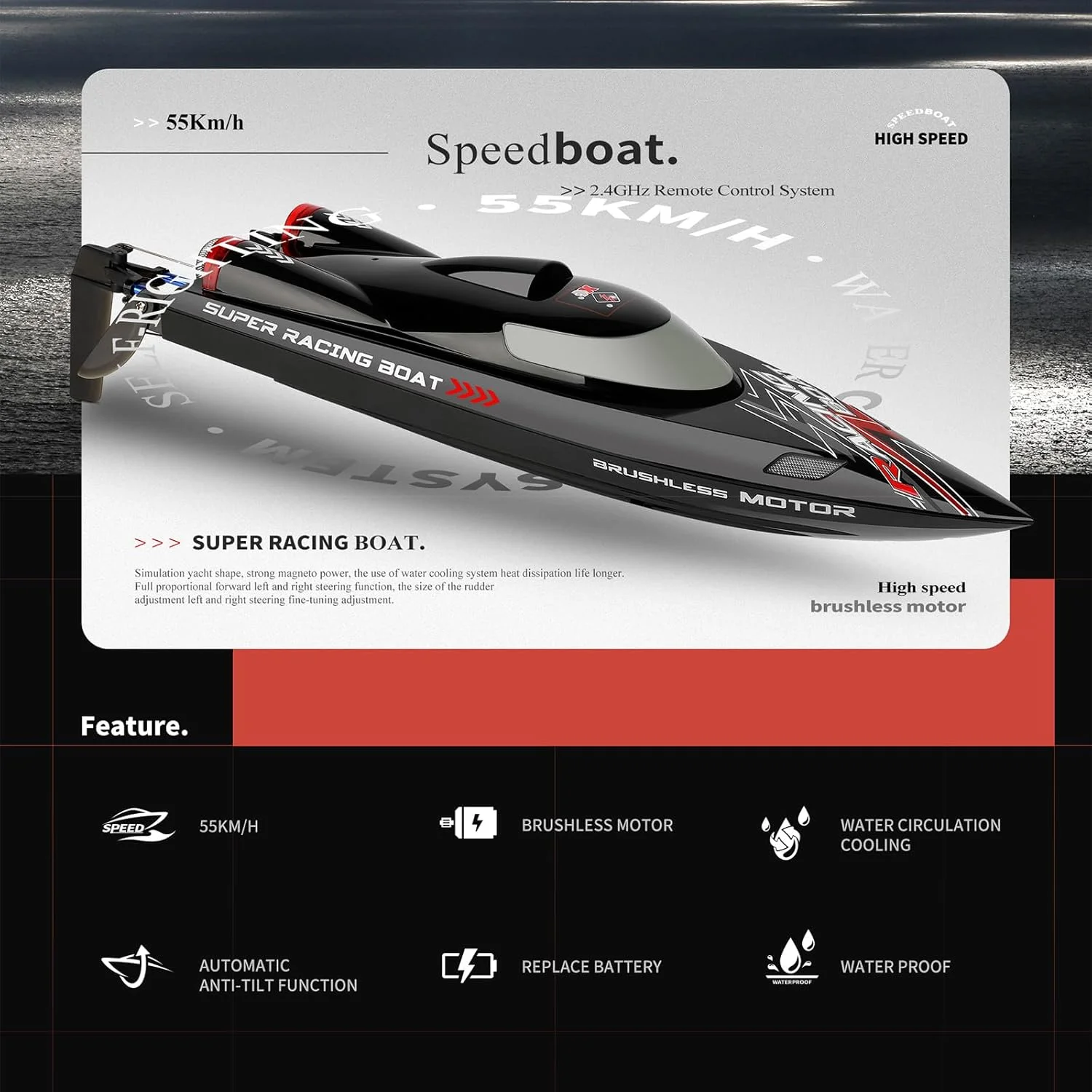 قایق کنترلی بدون جاروبک WL916، شناور آبی آرسی 2.4G با سرعت 55 کیلومتر بر ساعت، زیردریایی آرسی با چراغ های ال ای دی برای سرگرمی بزرگسالان و پسران بالای 14 سال (RTR 2 باتری)