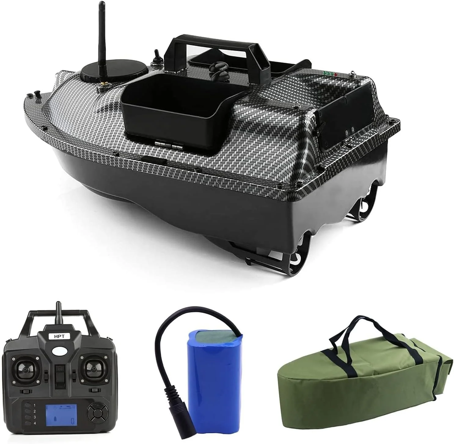 قایق طعمه پاش هوشمند ماهیگیری با GPS و کنترل از راه دور 500 متری و صفحه نمایش LCD و باتری دوتایی