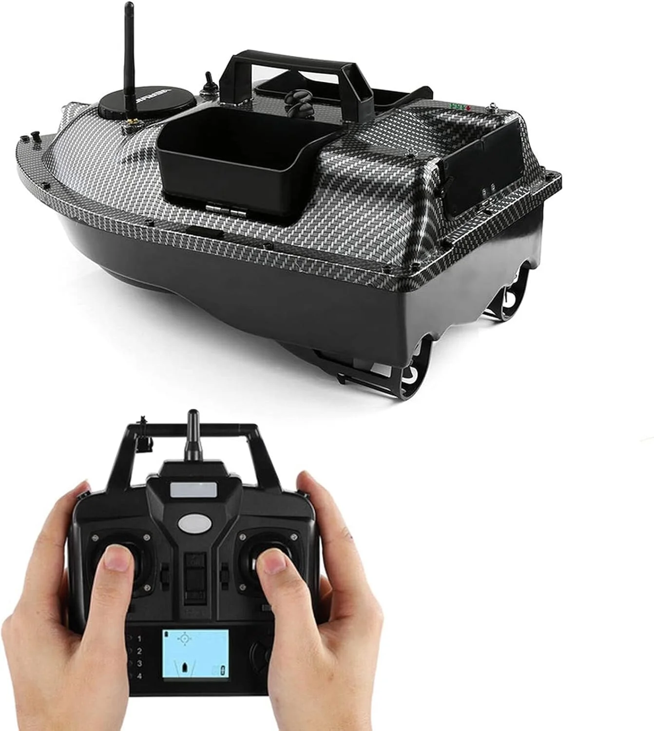 قایق طعمه پاش کنترل از راه دور 500 متری با صفحه نمایش LCD و باتری دوتایی