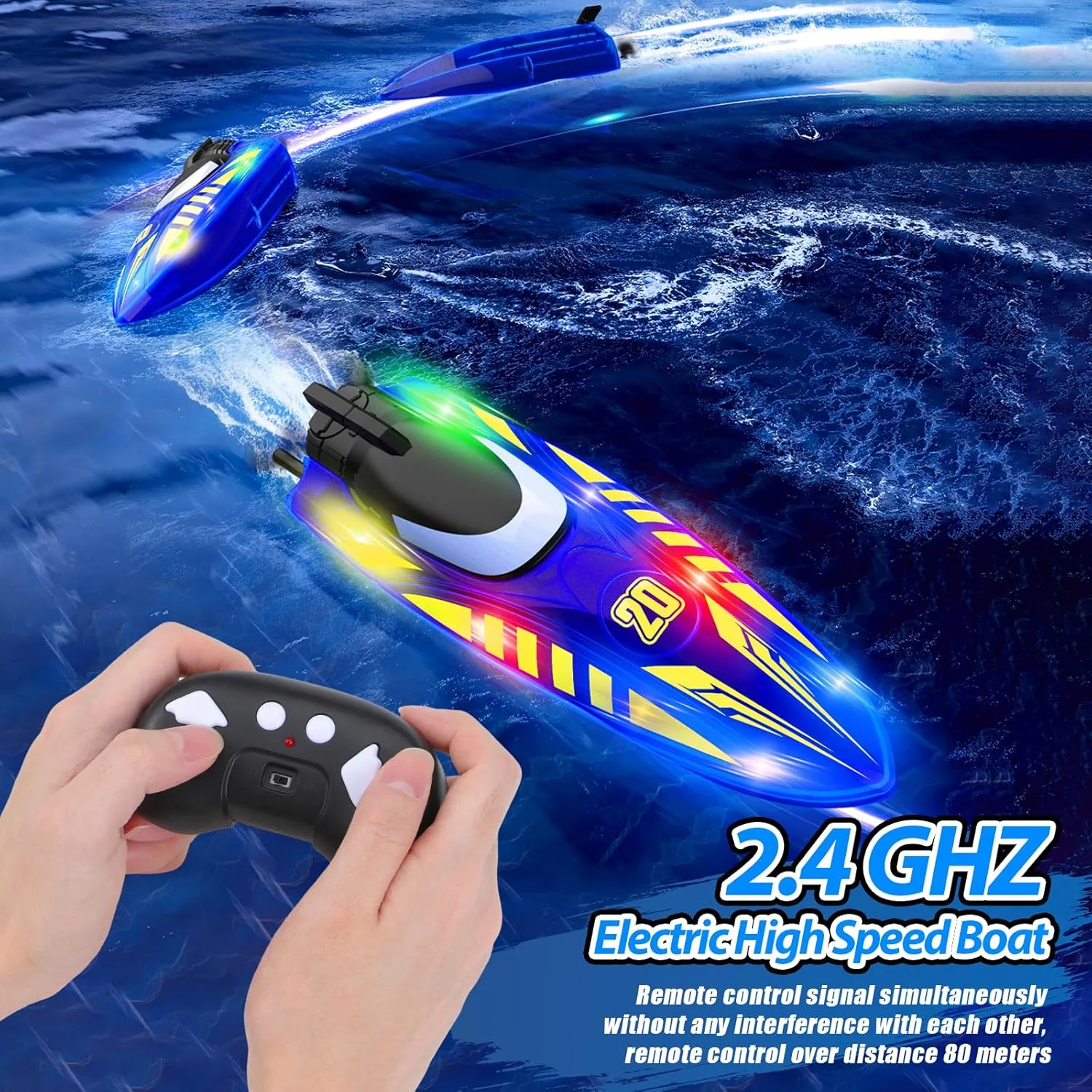 قایق کنترلی، قایق کنترلی 2.4 گیگاهرتزی با کنترل کاملا متناسب و چراغ LED، قایق برقی ضد آب با سرعت بالا با 2 باتری قابل شارژ برای استخرها و دریاچه ها