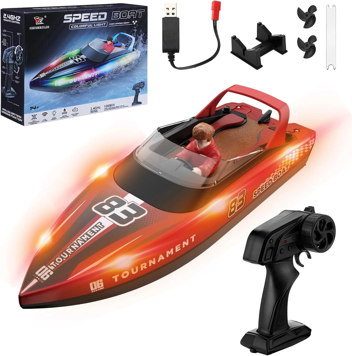 قایق کنترلی با چراغ LED، قایق مسابقه ای شارژی برای کودکان، قایق زیردریایی ضد آب 2.4 گیگاهرتزی با کنترل از راه دور، قایق رادیویی برای استخرها، دریاچه ها و حوضچه ها (قرمز)