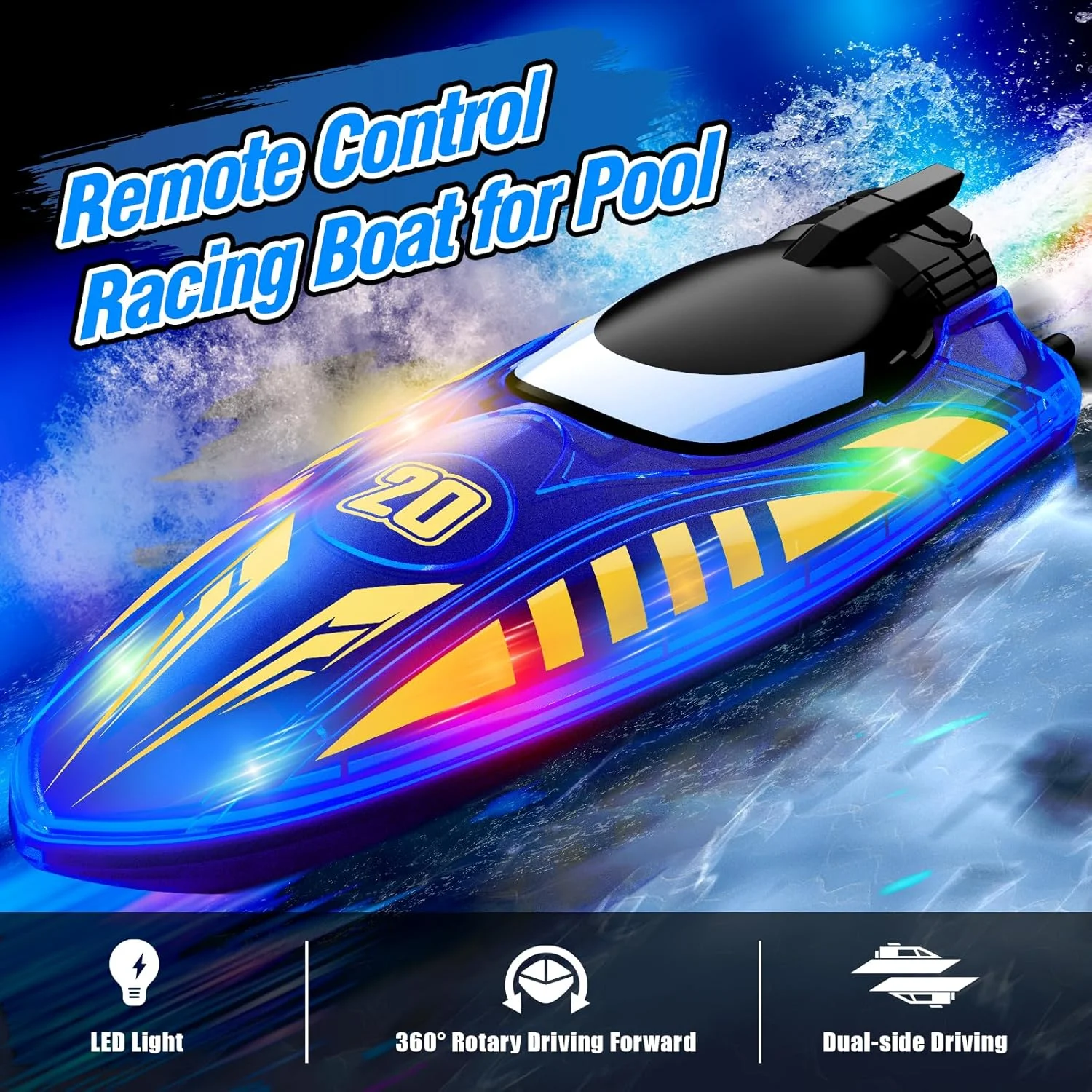 قایق کنترلی، قایق کنترلی 2.4 گیگاهرتزی با کنترل کاملا متناسب و چراغ LED، قایق برقی ضد آب با سرعت بالا با 2 باتری قابل شارژ برای استخرها و دریاچه ها