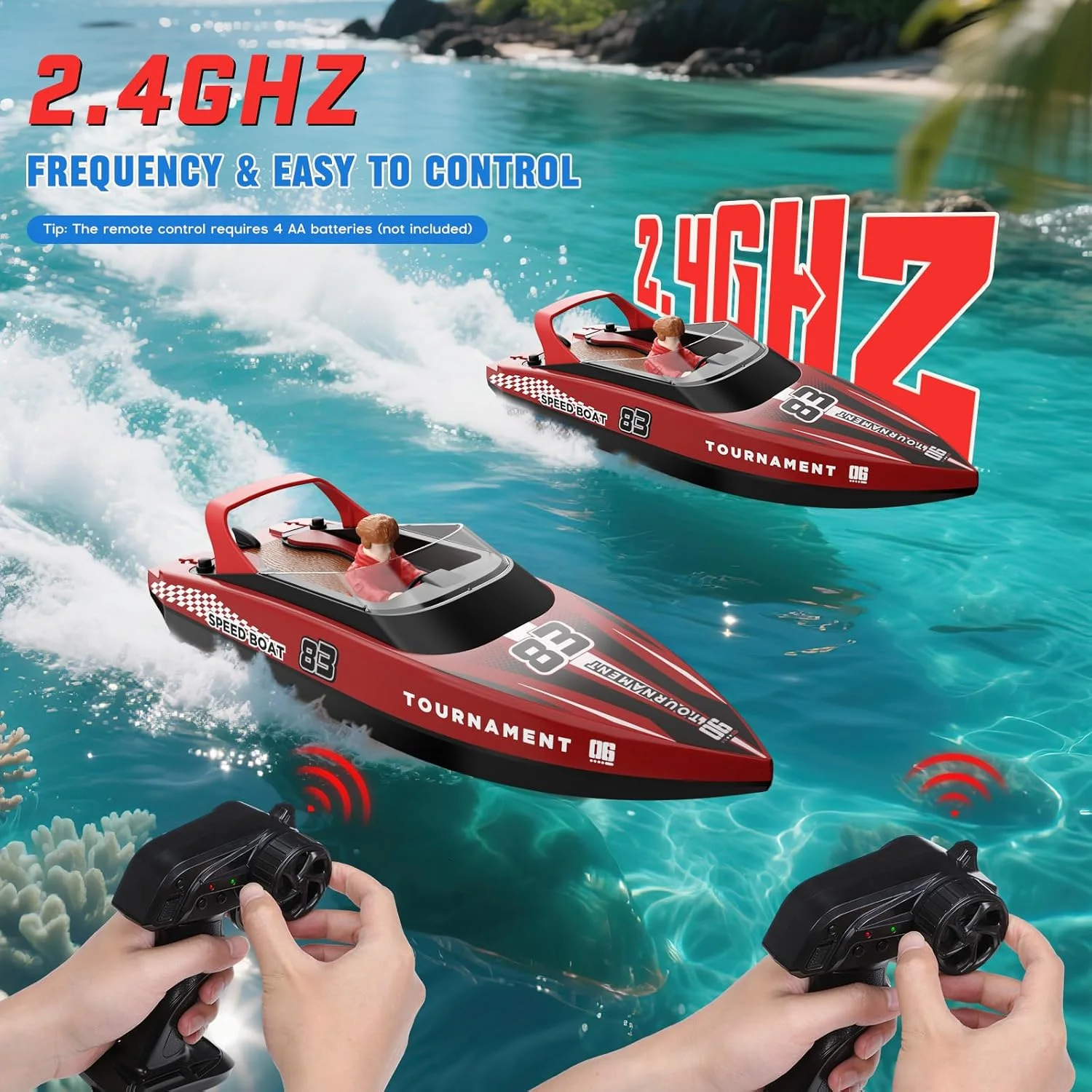 قایق کنترلی با چراغ LED، قایق مسابقه ای شارژی برای کودکان، قایق زیردریایی ضد آب 2.4 گیگاهرتزی با کنترل از راه دور، قایق رادیویی برای استخرها، دریاچه ها و حوضچه ها (قرمز)