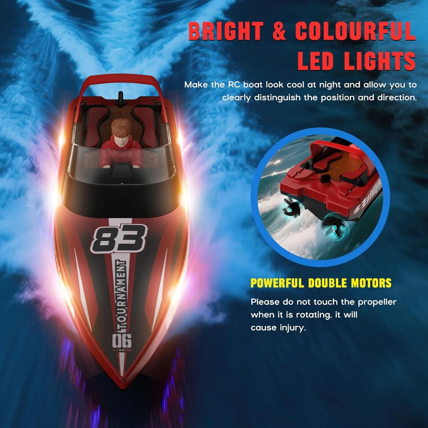 قایق کنترلی با چراغ LED، قایق مسابقه ای شارژی برای کودکان، قایق زیردریایی ضد آب 2.4 گیگاهرتزی با کنترل از راه دور، قایق رادیویی برای استخرها، دریاچه ها و حوضچه ها (قرمز)