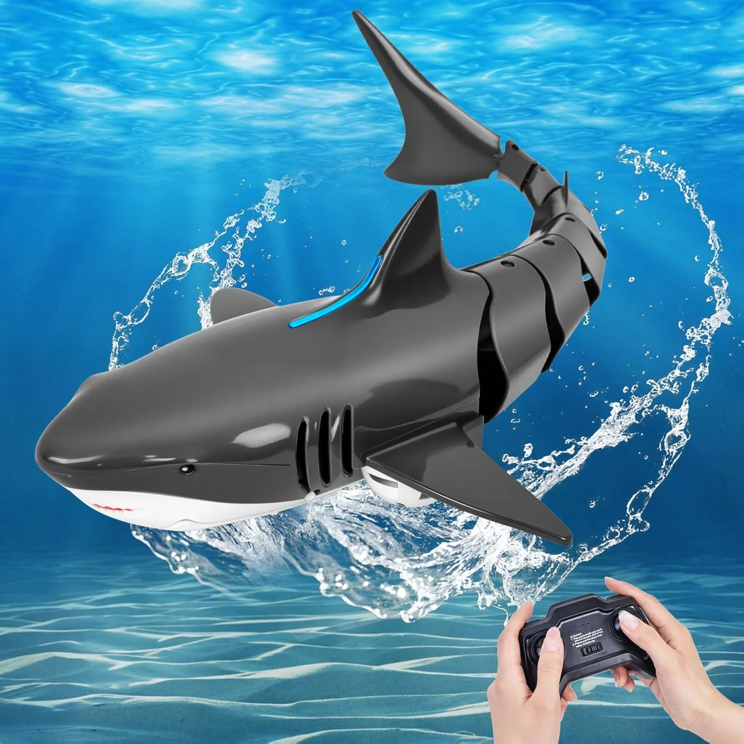 اسباب بازی کوسه برای پسران و دختران، کوسه کنترلی شارژی 2.4 گیگاهرتزی با چراغ ال ای دی، هدیه استخر برای کودکان، مشکی خاکستری