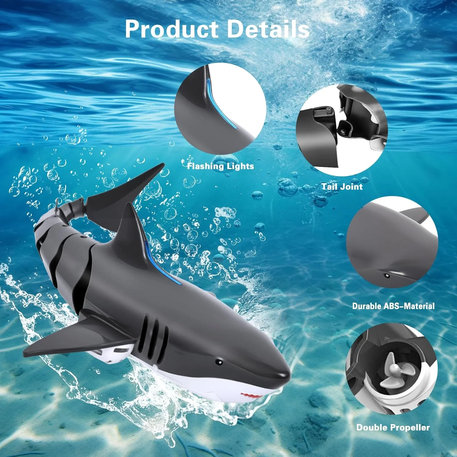 اسباب بازی کوسه برای پسران و دختران، کوسه کنترلی شارژی 2.4 گیگاهرتزی با چراغ ال ای دی، هدیه استخر برای کودکان، مشکی خاکستری