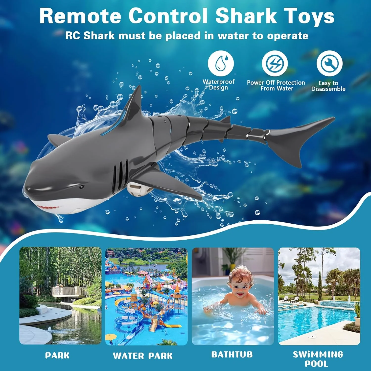 اسباب بازی کوسه برای پسران و دختران، کوسه کنترلی شارژی 2.4 گیگاهرتزی با چراغ ال ای دی، هدیه استخر برای کودکان، مشکی خاکستری