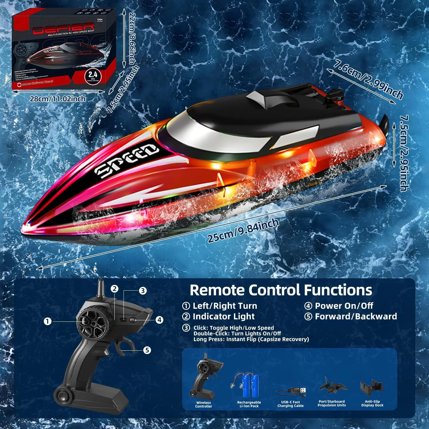قایق کنترلی RoserRose با نورپردازی LED - کنترل از راه دور 2.4G، موتور دوگانه، ضد آب و محافظت در برابر واژگونی - قایق موتوری کنترلی مناسب کودکان، 2 باتری برای دریا