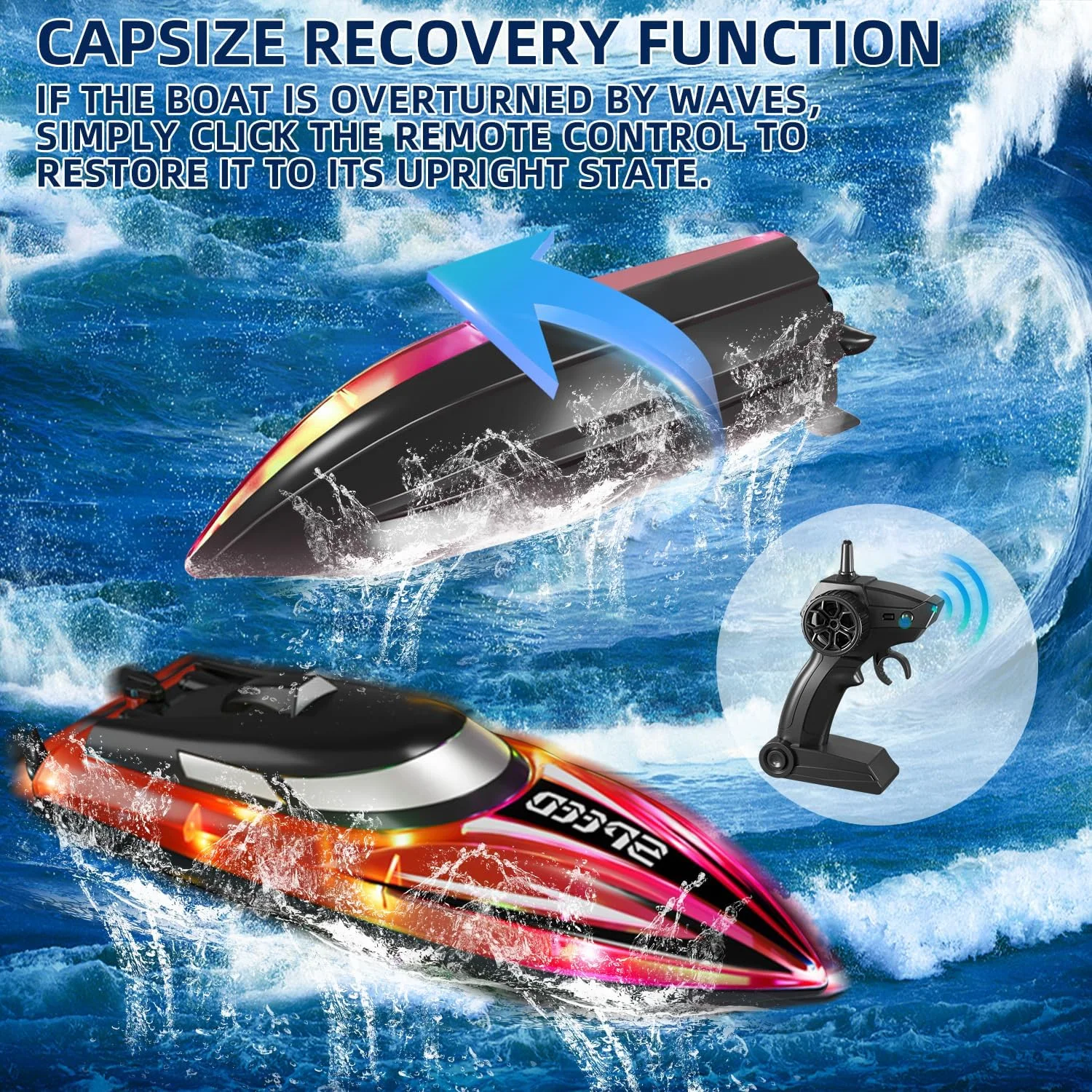 قایق کنترلی RoserRose با نورپردازی LED - کنترل از راه دور 2.4G، موتور دوگانه، ضد آب و محافظت در برابر واژگونی - قایق موتوری کنترلی مناسب کودکان، 2 باتری برای دریا