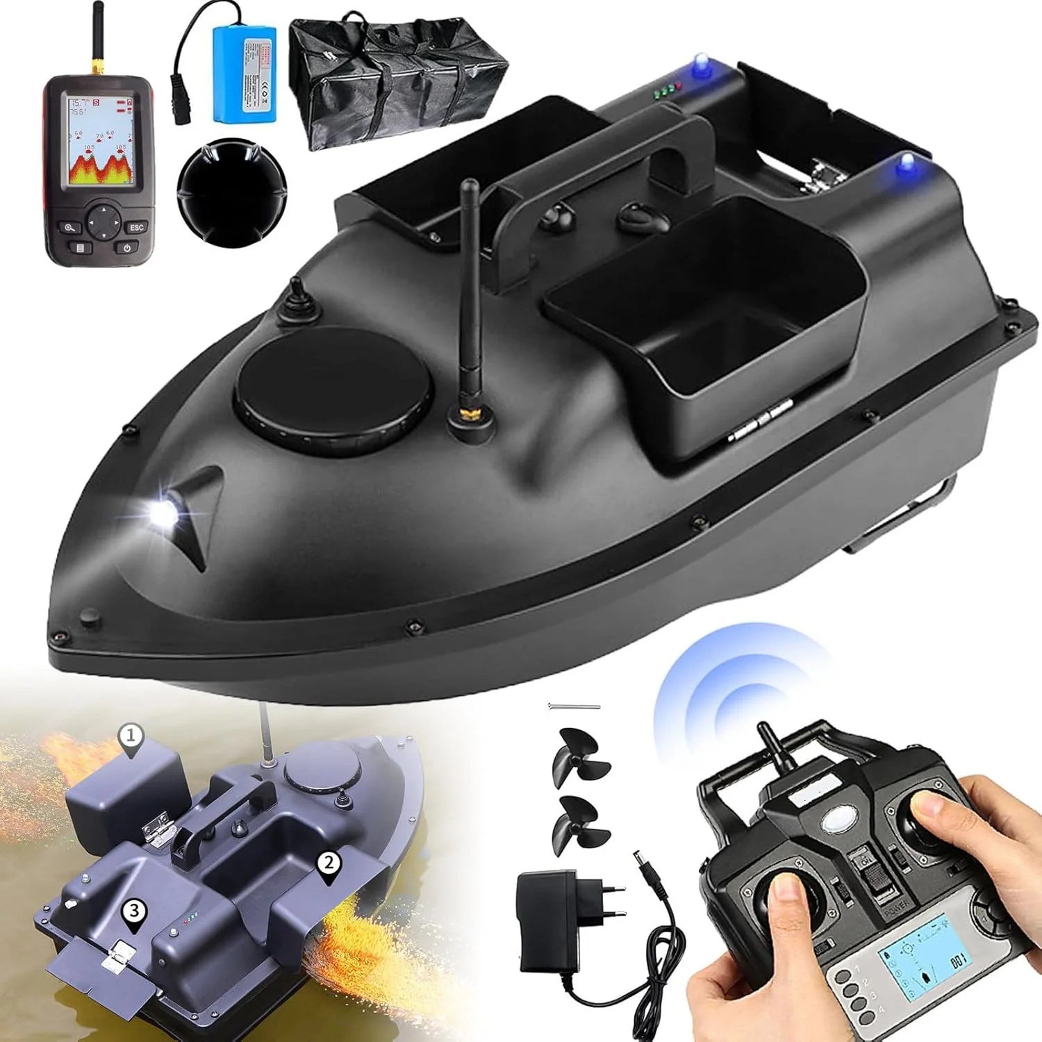 قایق طعمه پاش آرسی - کنترل از راه دور بی سیم 500 متری، دارای جی پی اس + ماهی یاب + 3 محافظ طعمه منجنیق، علامت گذاری 16 مکان ماهیگیری، C