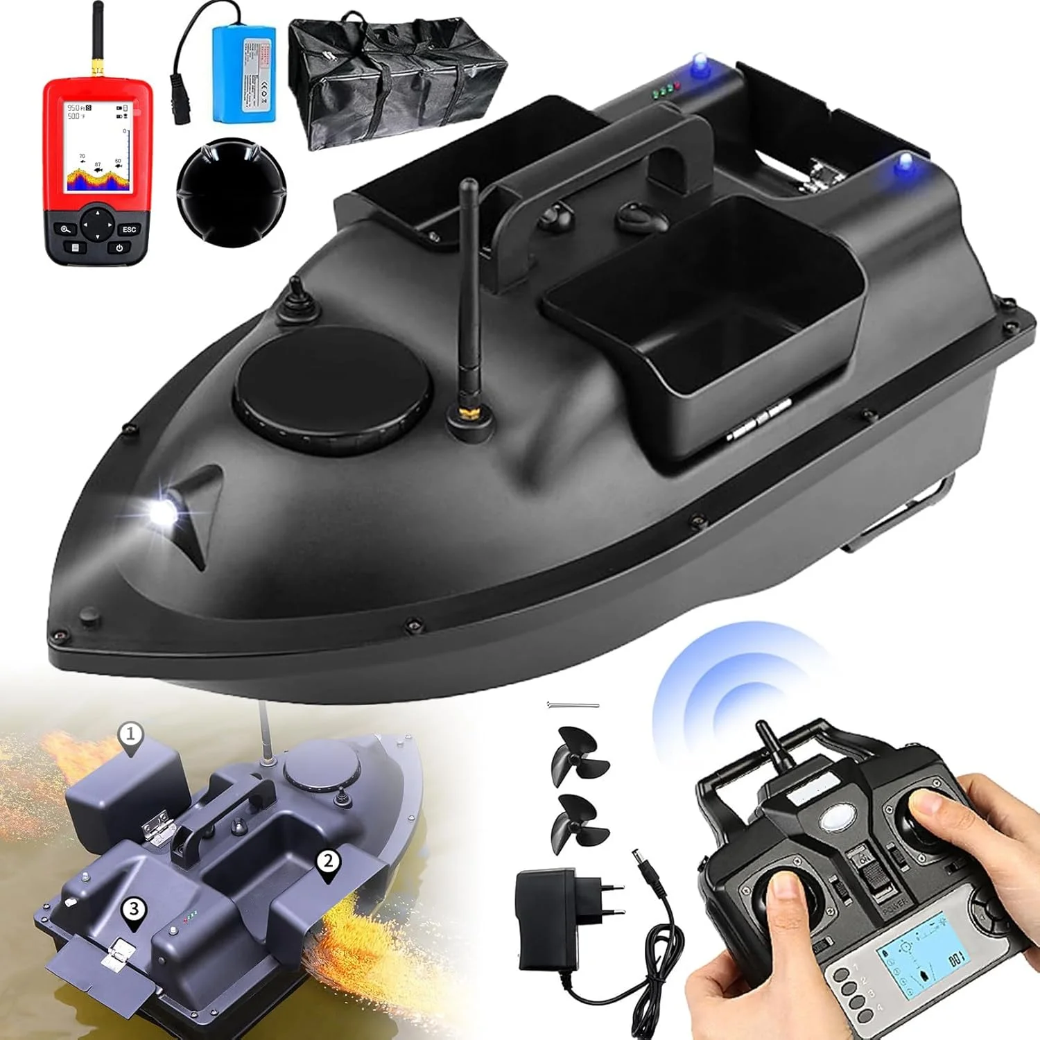 قایق طعمه پاش آرسی - کنترل از راه دور بی سیم 500 متری، دارای جی پی اس + ماهی یاب + 3 محافظ طعمه منجنیق، علامت گذاری 16 مکان ماهیگیری، ب