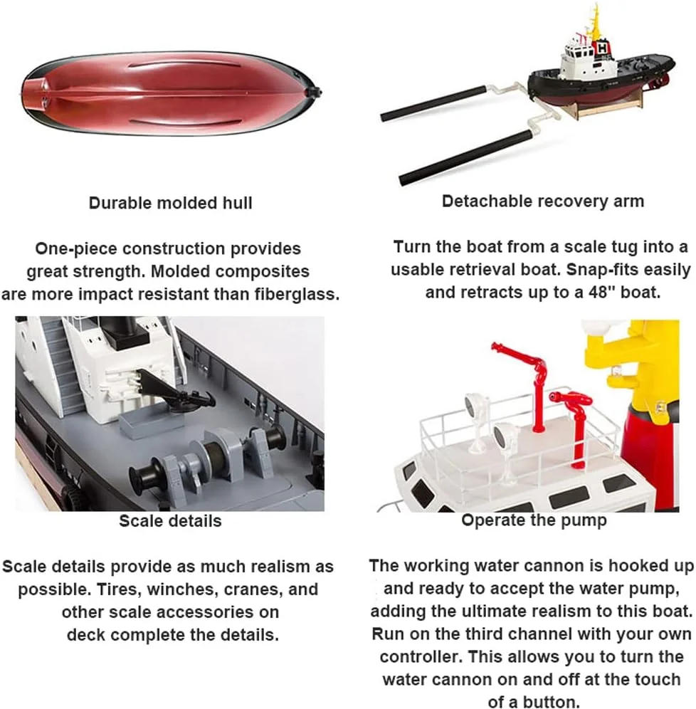 قایق نجات آرسی 30 اینچی، یدک‌کش بزرگ با کنترل از راه دور 2.4G و بازوی بازیابی جداشدنی، قایق آتش نشانی شبیه سازی شده با چراغ های LED مدل RTR