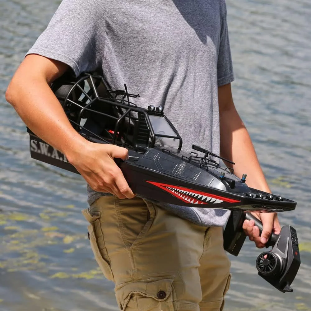 قایق بدون جاروبک 25 اینچی RC آماده حرکت، قایق آبی-خاکی با چراغ LED برای سرگرمی، مناسب برای افراد بالای 14 سال