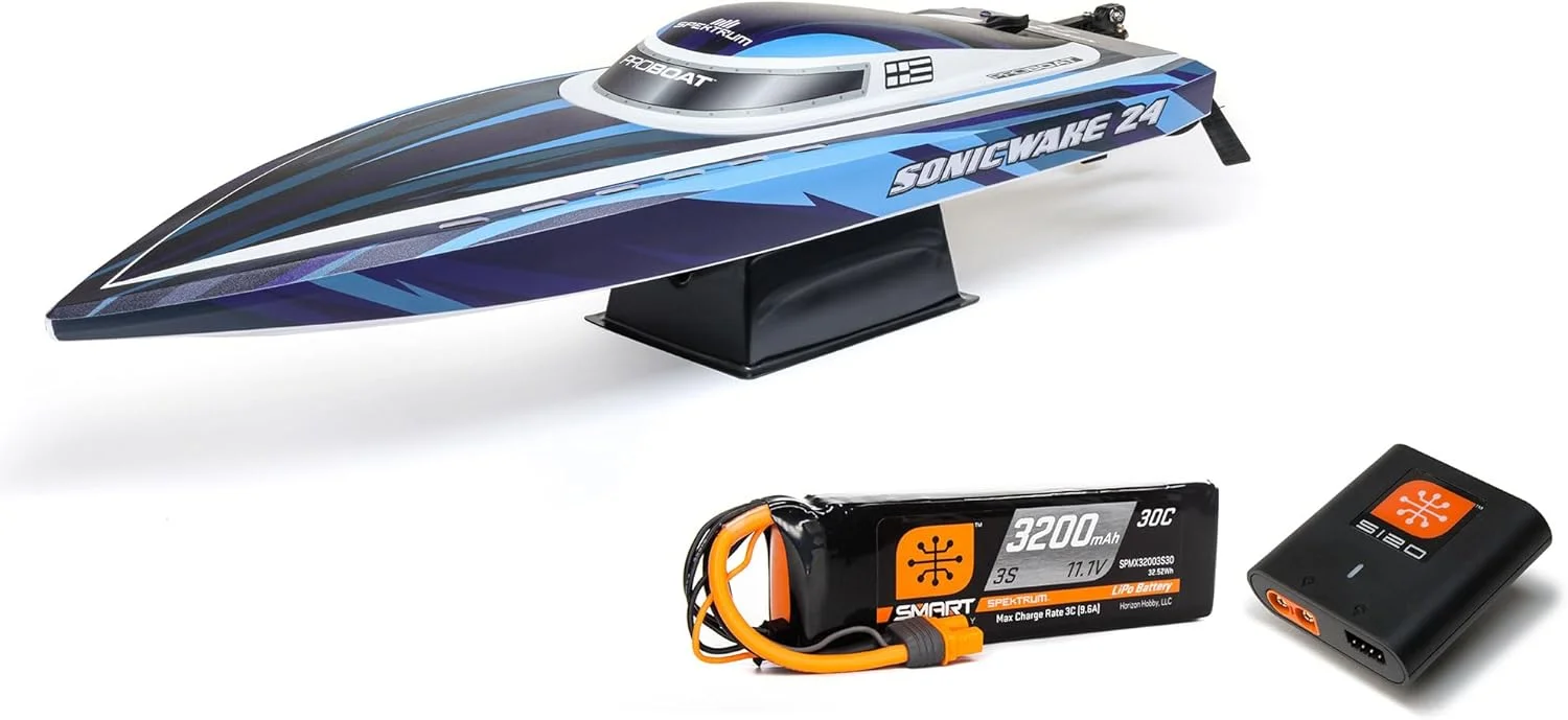 قایق آرسی Pro Boat Sonicwake 24 اینچی با قابلیت خود-راست شوندگی، موتور براشلس، بدنه V شکل عمیق، RTR، شامل باتری و شارژر، آبی PRB-1992T2