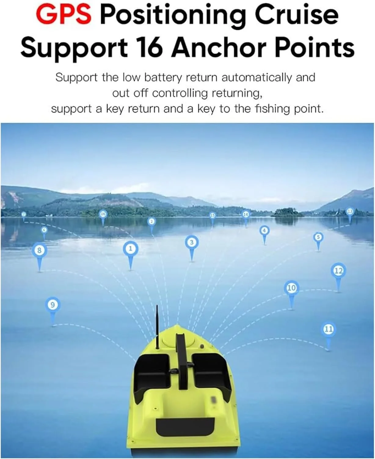 قایق طعمه پاش GPS RC، دارای 16 نقطه موقعیت یابی، کنترل از راه دور 500 متری، 3 مخزن طعمه، عمر باتری 2 تا 8 ساعت، تصحیح خودکار مسیر، موتور دوگانه، مهر و موم شده و ضد آب، برای ماهیگیری (5200mAh)