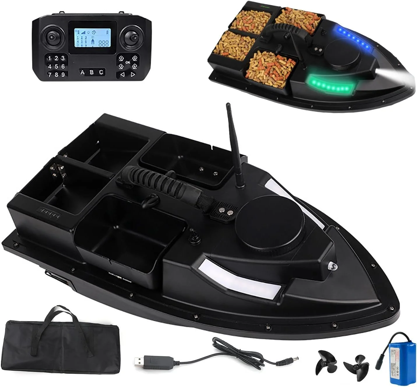 قایق طعمه پاشی ماهیگیری 7.4 ولت جدید - 4 مخزن طعمه، بازگشت خودکار GPS، 2 عدد باتری 25000 میلی آمپر ساعت، فاصله کنترل از راه دور 500 متر، 7 چراغ ماهیگیری شبانه رنگی، 100 نقطه موقعیت یابی، قایق ماهیگیری ضد آب، ظرفیت حمل 2 کیلوگرم