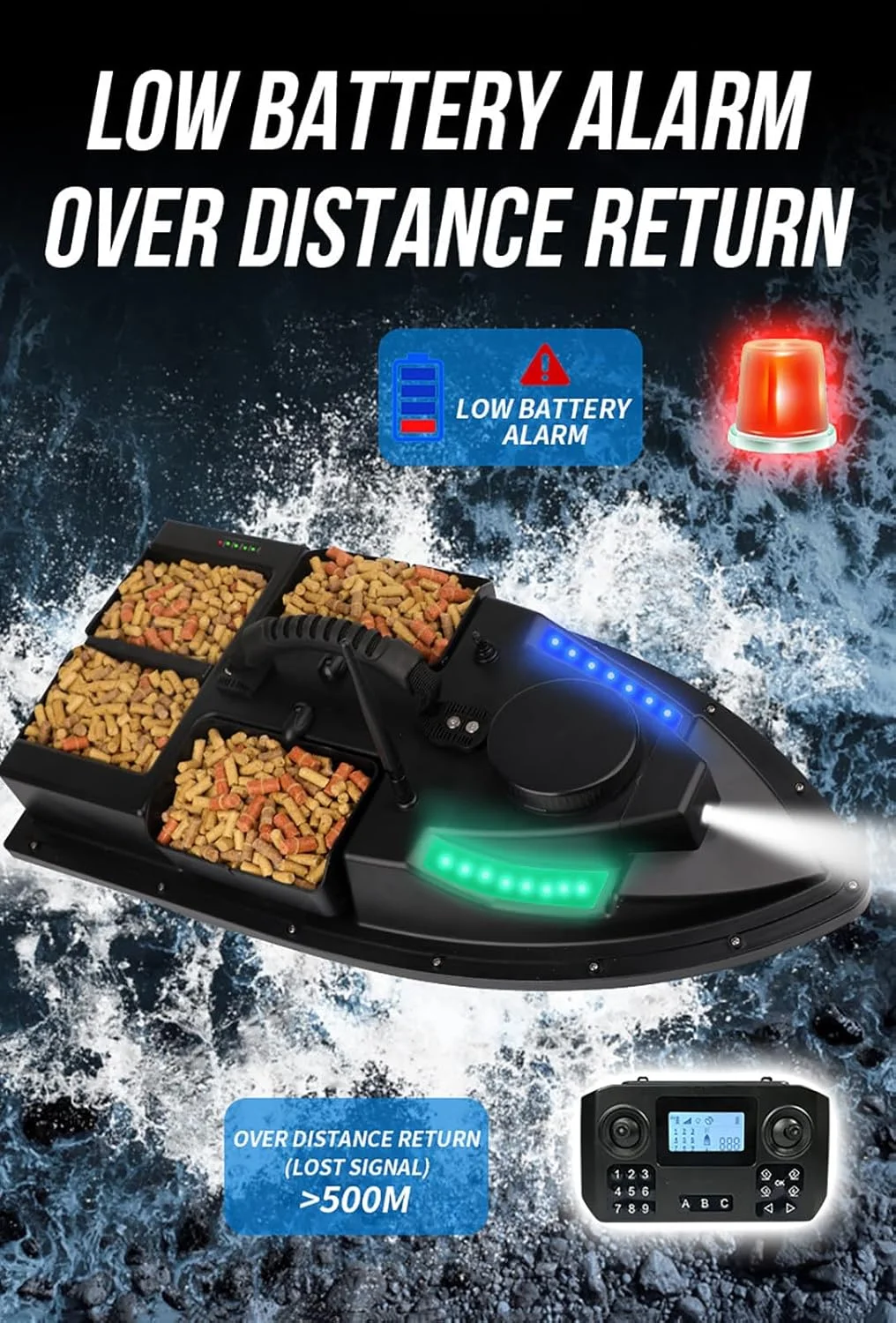 قایق طعمه پاشی ماهیگیری 7.4 ولت جدید - 4 مخزن طعمه، بازگشت خودکار GPS، 2 عدد باتری 25000 میلی آمپر ساعت، فاصله کنترل از راه دور 500 متر، 7 چراغ ماهیگیری شبانه رنگی، 100 نقطه موقعیت یابی، قایق ماهیگیری ضد آب، ظرفیت حمل 2 کیلوگرم