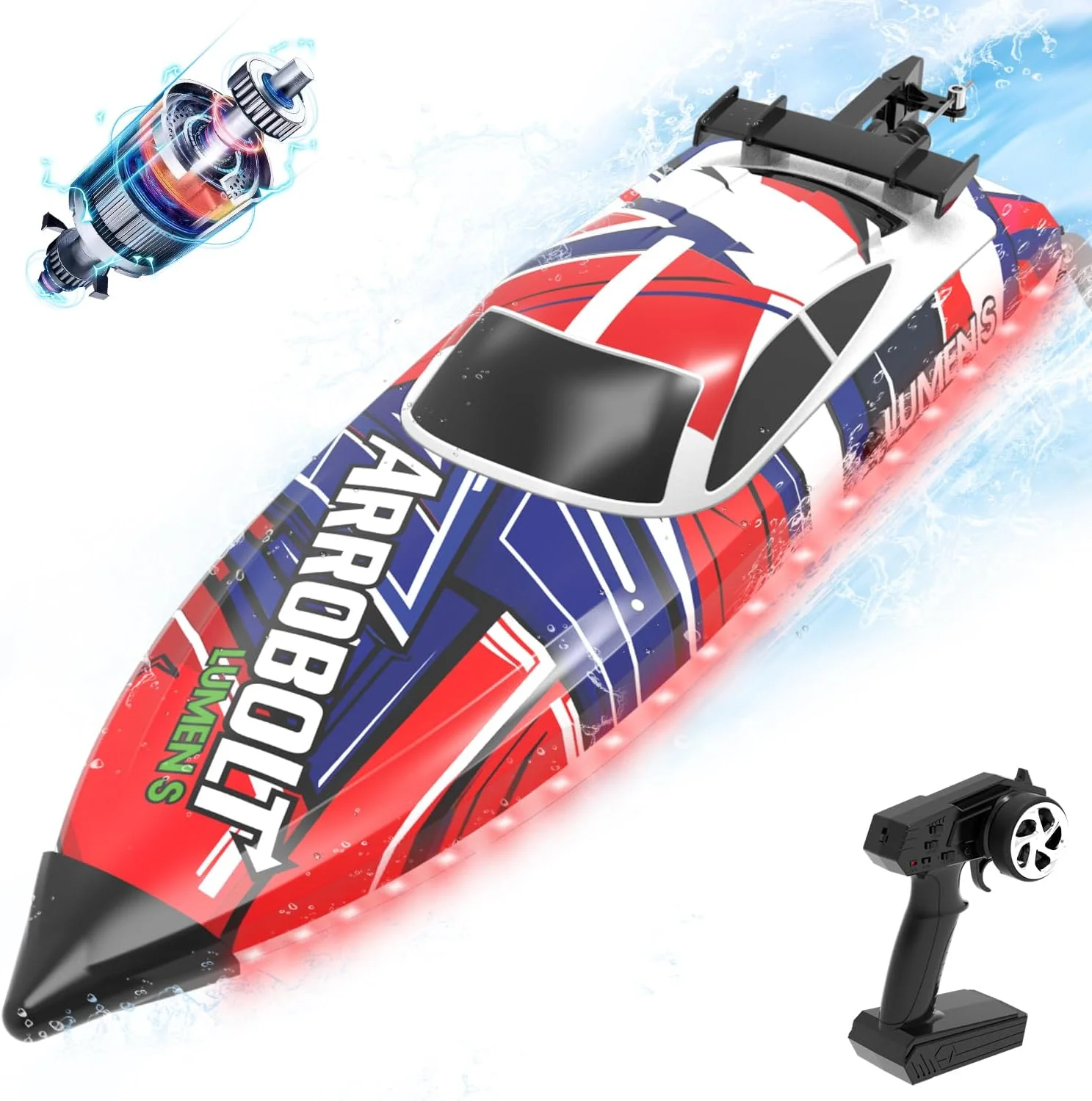 قایق کنترلی - قایق های کنترلی برای بزرگسالان با چراغ های ال ای دی، قایق های مسابقه ای برای استخر و دریاچه، اسباب بازی آبی پر سرعت 2.4 گیگاهرتزی (قرمز)