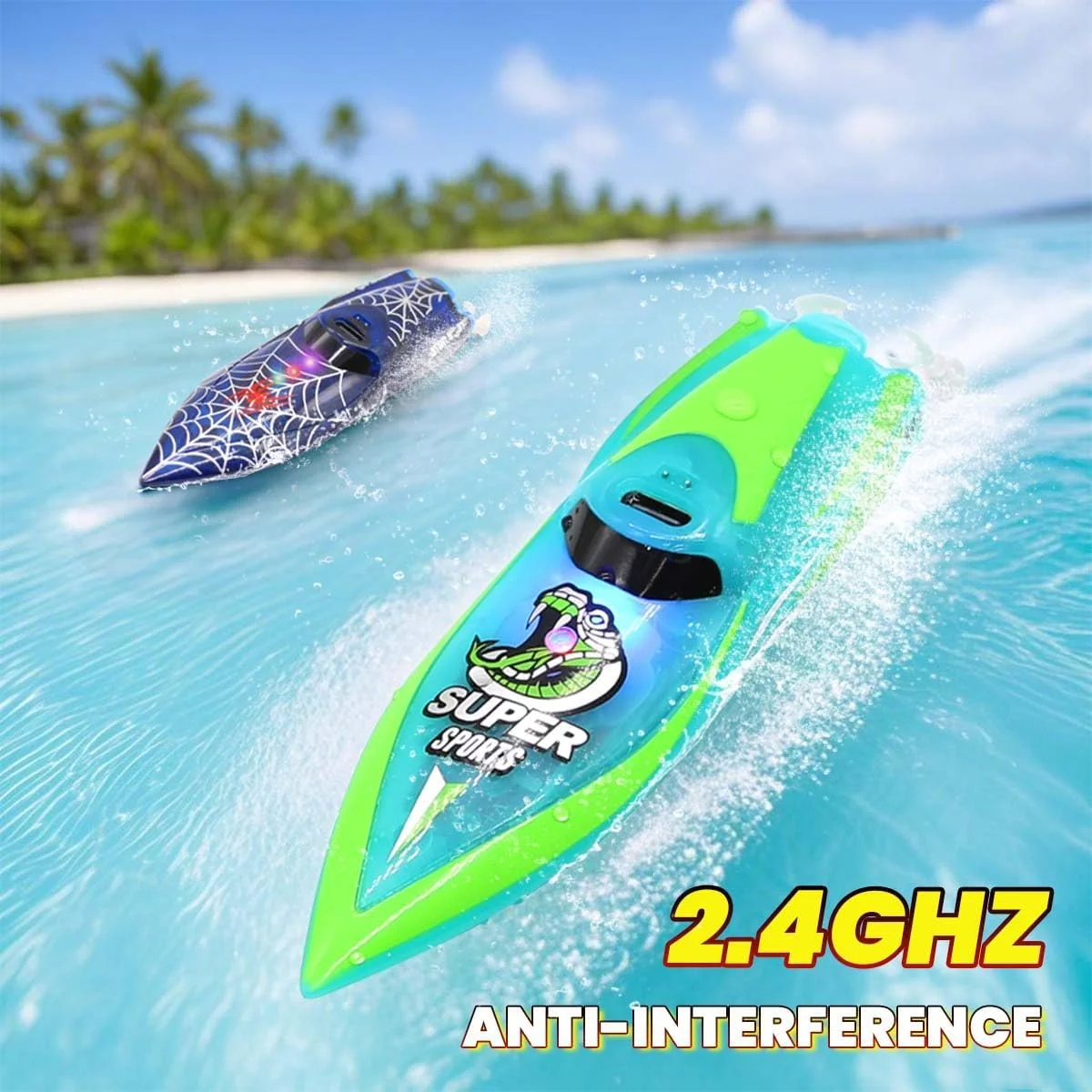 قایق کنترلی کوچک با نور LED چرخان 360 درجه، باتری قابل شارژ داخلی، مناسب استخر و وان حمام، اسباب بازی قایق کنترلی برای کودکان 8 تا 12 سال، هدیه تولد - سبز