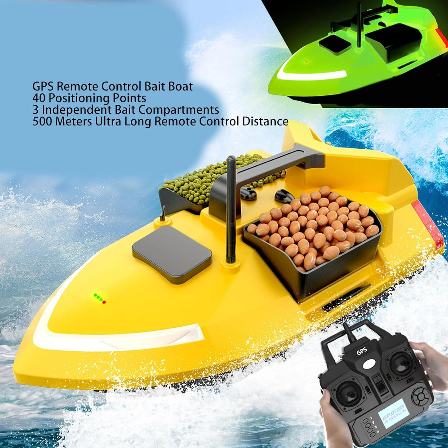 قایق ماهیگیری کنترلی با چراغ شب، GPS و موتور دوگانه 12000mAh قابل شارژ برای ناوبری آسان در ماهیگیری شبانه