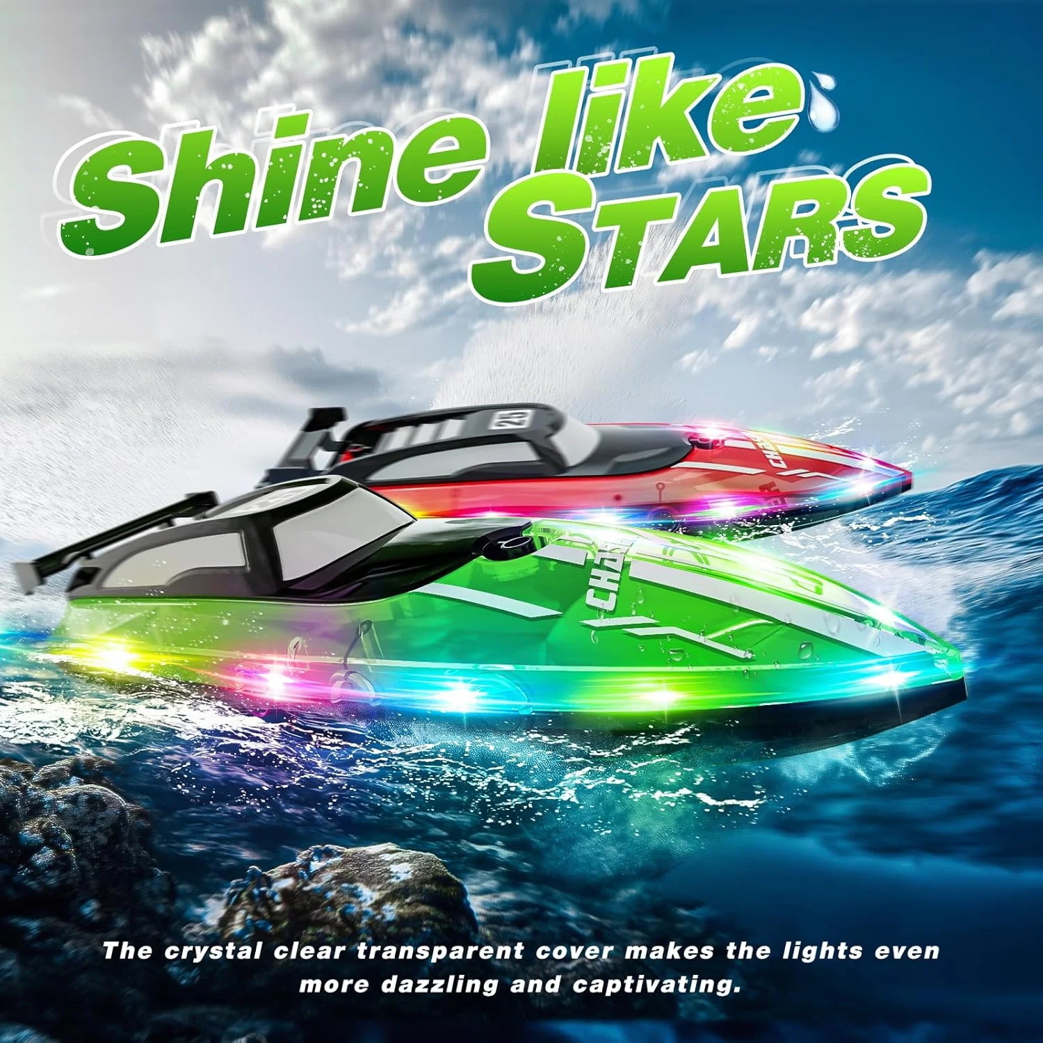 قایق کنترلی با چراغ های ال ای دی برای کودکان، قایق های مسابقه ای کنترل از راه دور 2.4 گیگاهرتز برای 8-12 سال، قایق اسباب بازی ضد آب برای استخرها و دریاچه ها، باتری قابل شارژ، سبز رنگ مناسب پسران و دختران