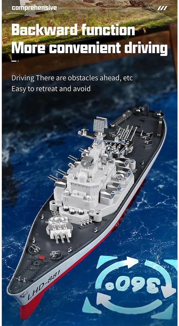 مدل کشتی جنگی کنترلی Kidaromo، کشتی جنگی الکتریکی فرکانس بالا 2.4G مدل LHD-881 با موتور دوگانه، چراغ ها، کنترل از راه دور تفنگی و ساعتی، قایق مسابقه ای ضد آب هدیه برای بزرگسالان - نسخه ساعتی