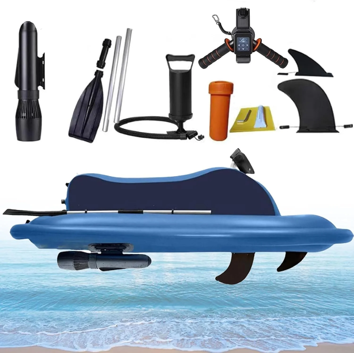 قایق جت بادی 500 واتی با اسکوتر جداشدنی، جت اسکی بادی با باتری 16000 میلی آمپر ساعتی، سرعت قابل تنظیم 3-7 کیلومتر در ساعت، زمان کارکرد طولانی 130 دقیقه، ظرفیت بالای 220 کیلوگرم، تجهیزات غواصی/شنا 700 واتی