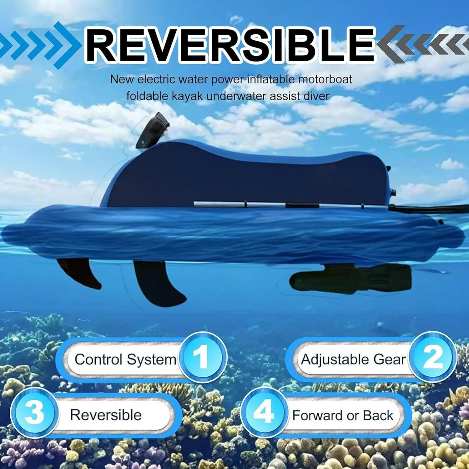 قایق جت بادی 500 واتی با اسکوتر جداشدنی، جت اسکی بادی با باتری 16000 میلی آمپر ساعتی، سرعت قابل تنظیم 3-7 کیلومتر در ساعت، زمان کارکرد طولانی 130 دقیقه، ظرفیت بالای 220 کیلوگرم، تجهیزات غواصی/شنا 700 واتی