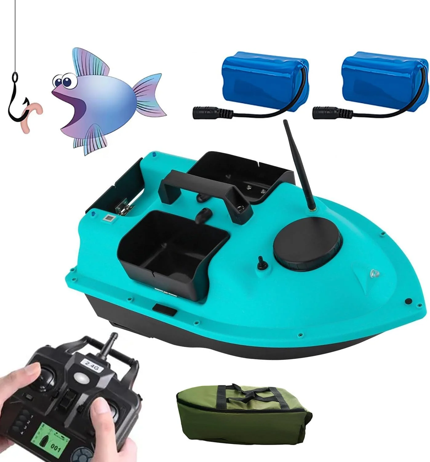 قایق ماهیگیری طعمه هوشمند RC با 2 باتری 12000 میلی آمپر ساعت/چراغ های ماهیگیری شبانه، 3 مخزن طعمه مستقل، بازگشت خودکار GPS، ابزار ماهیگیری از راه دور 500 متری، ظرفیت بارگیری 2 کیلوگرم