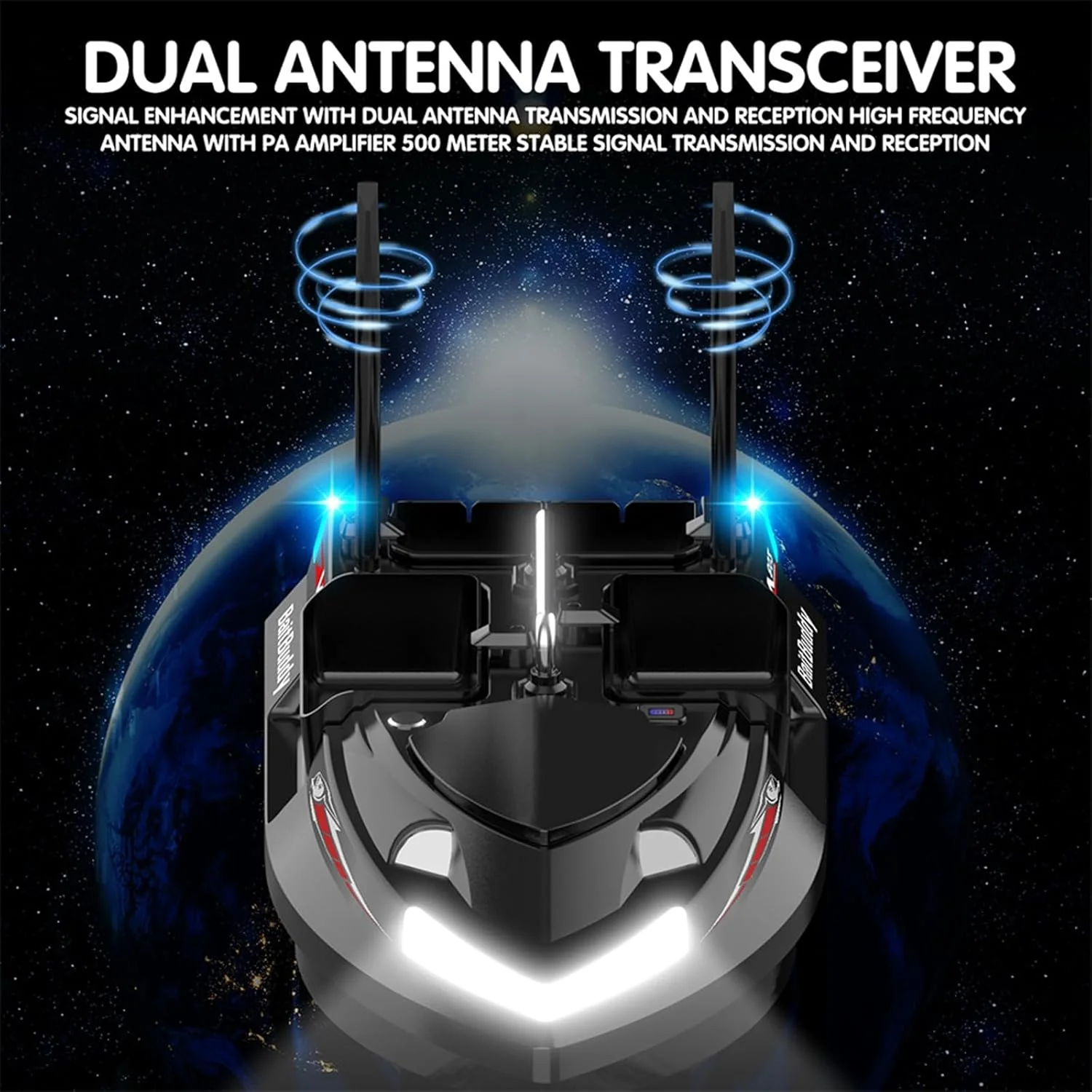 قایق طعمه پاش آرسی برای ماهیگیری با 4 محفظه طعمه، برد ریموت 500 متر، رهاسازی نخ، کروز کنترل، دو باتری 5200 میلی آمپر، چراغ های ال ای دی، رهاسازی قلاب و کیف حمل (مشکی)