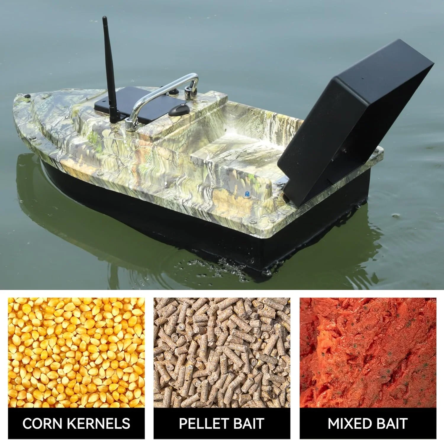 قایق طعمه پاشی برای ماهیگیری کپور با ظرفیت حمل 2 کیلوگرم، کروز کنترل، چراغ های شب، هشدار کم بودن باتری - ایده آل برای تحویل دقیق طعمه (سبز لجنی)