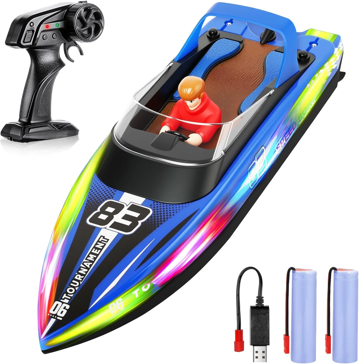 قایق کنترلی هاتوت با چراغ ال ای دی، قایق تندرو با سرعت 15+ کیلومتر در ساعت، قایق های مسابقه ای 2.4 گیگاهرتز، قایق تندرو با عروسک، قایق سرعت قابل تنظیم با باتری 1200 میلی آمپر ساعتی برای کودکان و بزرگسالان (آبی)
