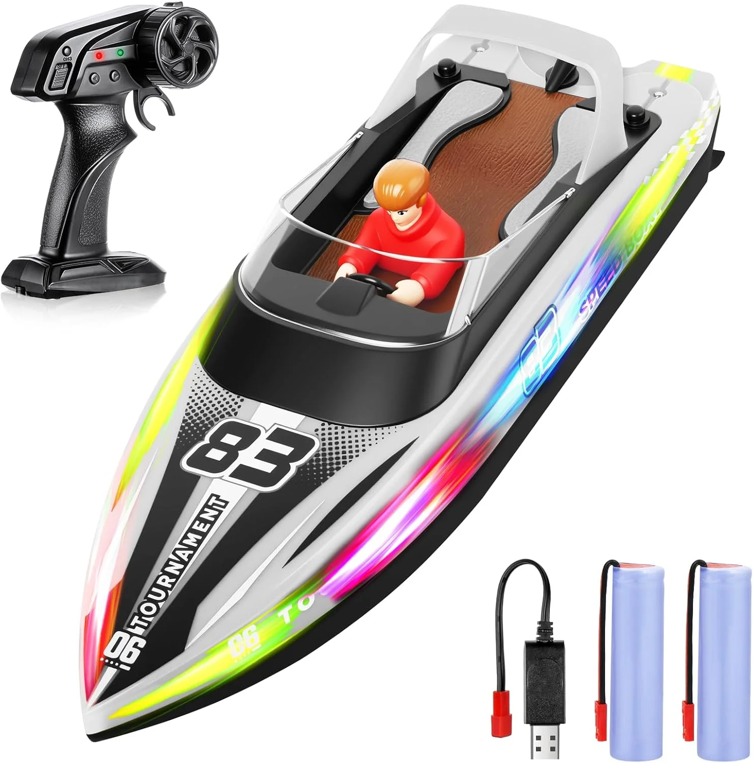 قایق کنترلی هاتوت با چراغ LED، قایق تندرو با سرعت 15+ کیلومتر در ساعت، قایق های مسابقه ای 2.4 گیگاهرتز، قایق تندرو با عروسک، قایق سرعت قابل تنظیم با باتری 1200 میلی آمپر ساعتی برای کودکان و بزرگسالان (سفید)
