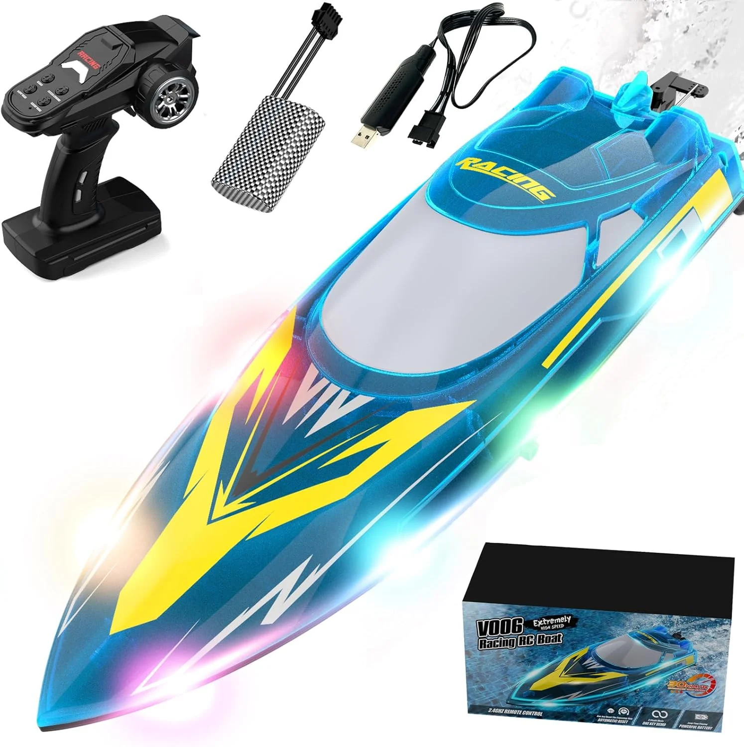 قایق کنترلی 2.4 گیگاهرتزی با چراغ ال ای دی، قایق مسابقه ای سریع با سرعت 30 کیلومتر در ساعت برای استخرها و دریاچه ها با محافظ خنک کننده آب، یادآوری کمبود انرژی و حسگر آب، اسباب بازی آبی هدیه برای پسران و دختران