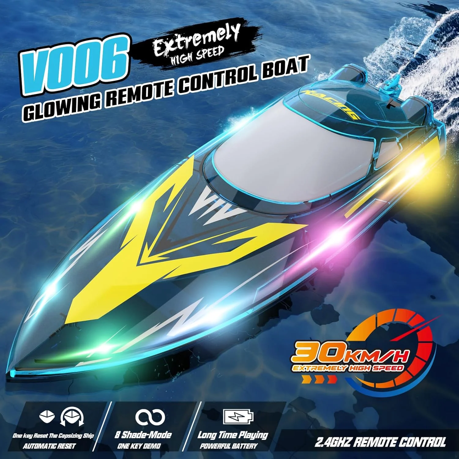 قایق کنترلی 2.4 گیگاهرتزی با چراغ ال ای دی، قایق مسابقه ای سریع با سرعت 30 کیلومتر در ساعت برای استخرها و دریاچه ها با محافظ خنک کننده آب، یادآوری کمبود انرژی و حسگر آب، اسباب بازی آبی هدیه برای پسران و دختران