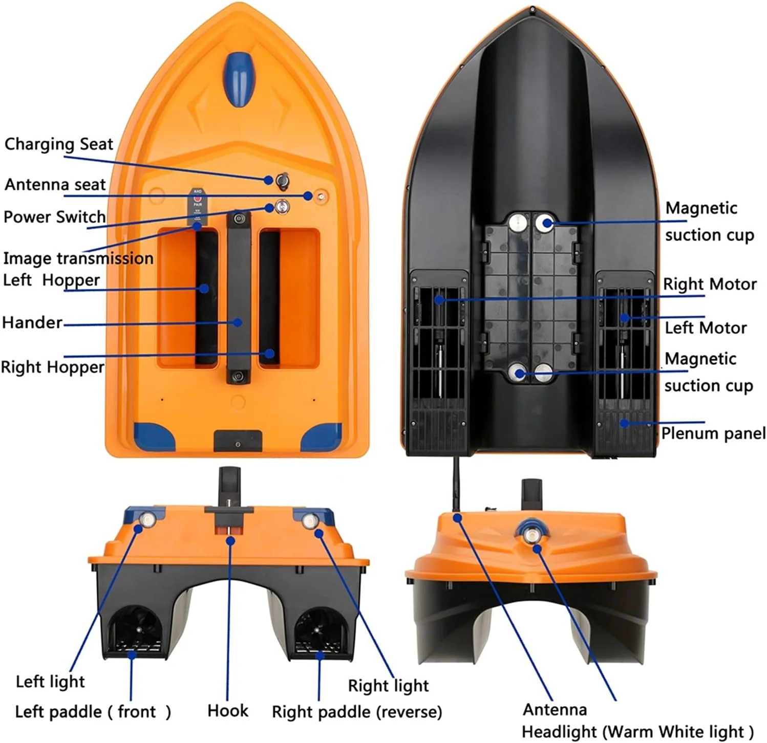 قایق طعمه پاش بی سیم 2.4G با برد 500 متر، کنترل خودکار هوشمند طعمه، قایق ماهیگیری با ظرفیت 3 کیلوگرم، موتور دوگانه، 2 مخزن طعمه