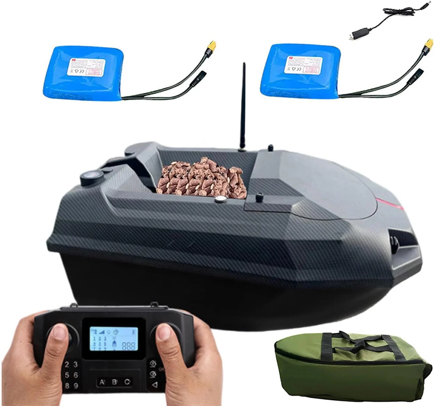 قایق طعمه پاشی 12 ولت با 2 باتری جداشدنی 15600 میلی آمپر ساعت/ چراغ های ماهیگیری شبانه، ظرفیت بار 3.5 کیلوگرم، موقعیت یابی / بازگشت خودکار، کنترل از راه دور 600 متری دو دستی، تحویل طعمه، تحویل قلاب، کشیدن تور