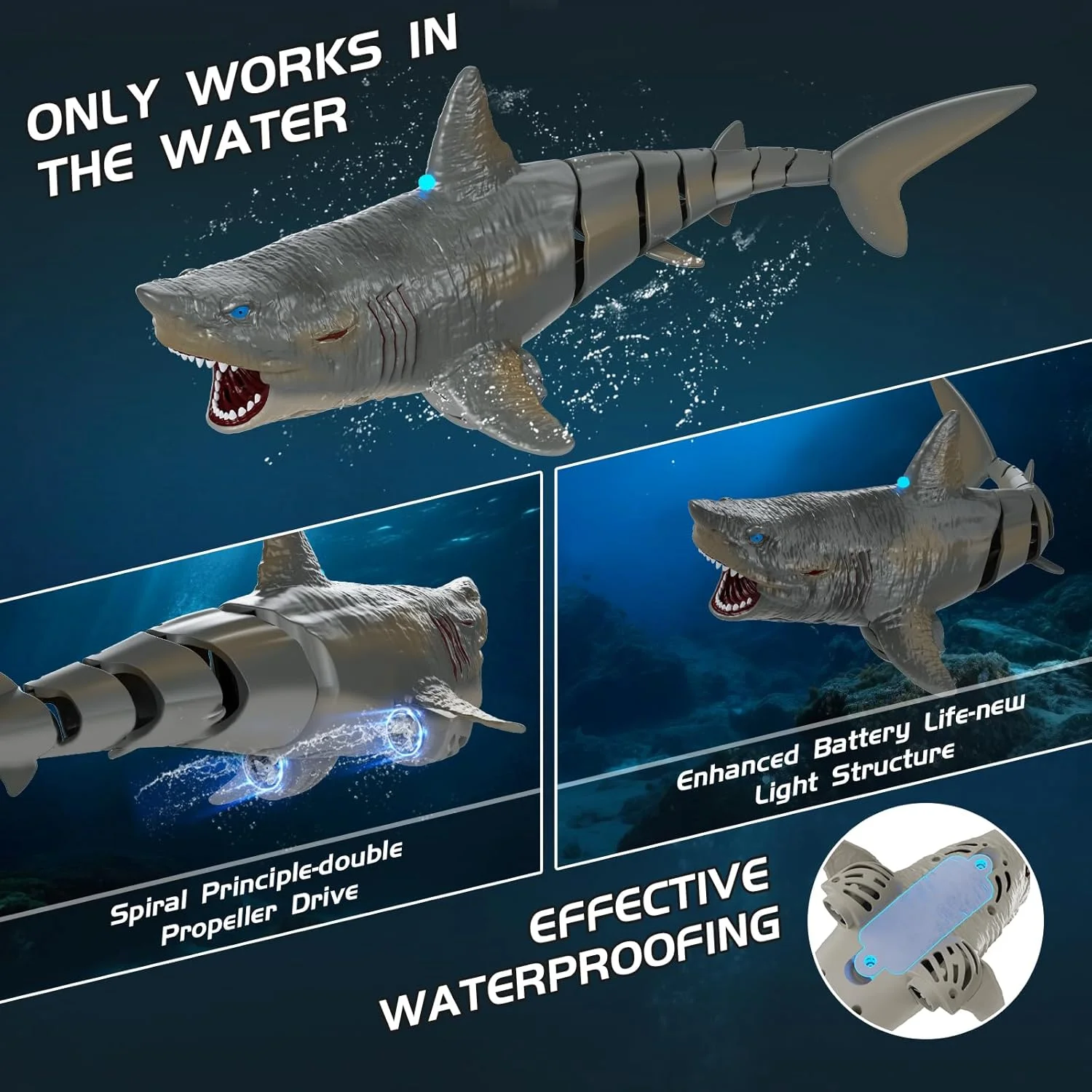 اسباب بازی کوسه کنترلی از راه دور برای استخر، اسباب بازی های تابستانی برای کودکان، مگالودون شناور واقعی شارژی با نور، هدیه 2.4 گیگاهرتزی برای کودکان 6 سال به بالا، پسران، دختران و بزرگسالان