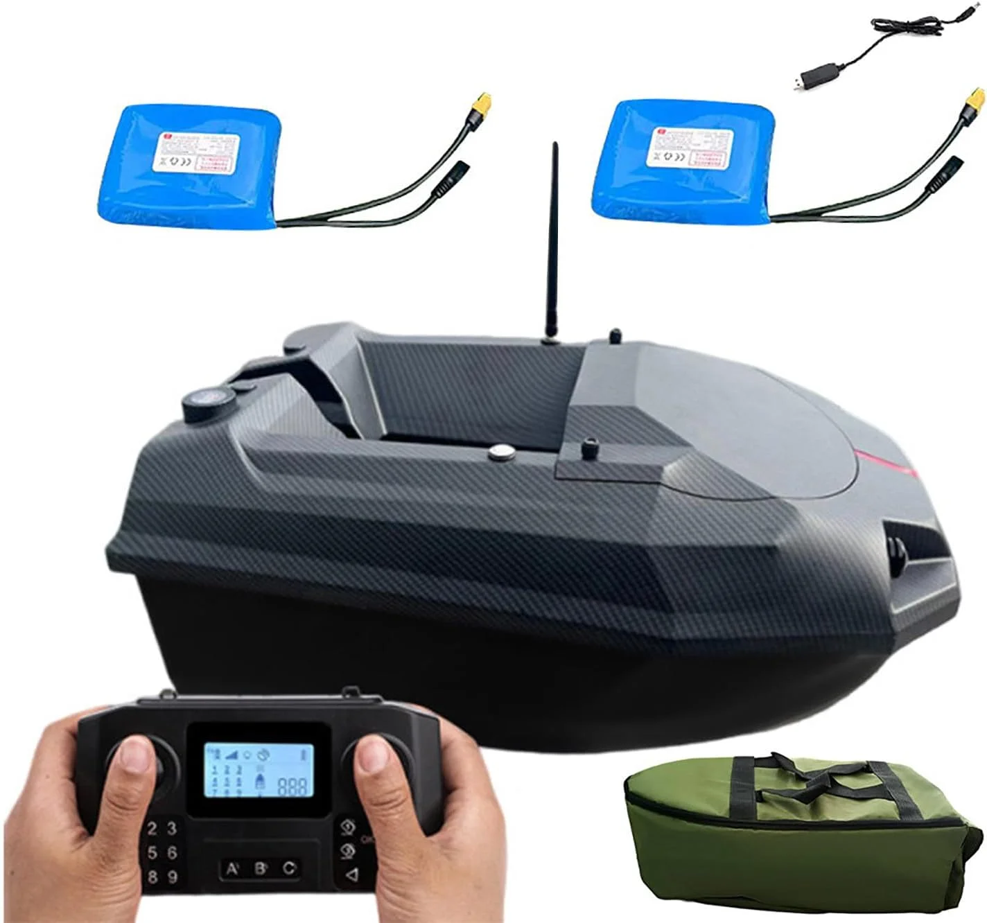 قایق طعمه پاشی 12 ولت با 2 باتری جداشدنی 15600 میلی آمپر ساعت/ چراغ های ماهیگیری شبانه، ظرفیت بار 3.5 کیلوگرم، موقعیت یابی / بازگشت خودکار، کنترل از راه دور 600 متری دو دستی، تحویل طعمه، تحویل قلاب، کشیدن تور