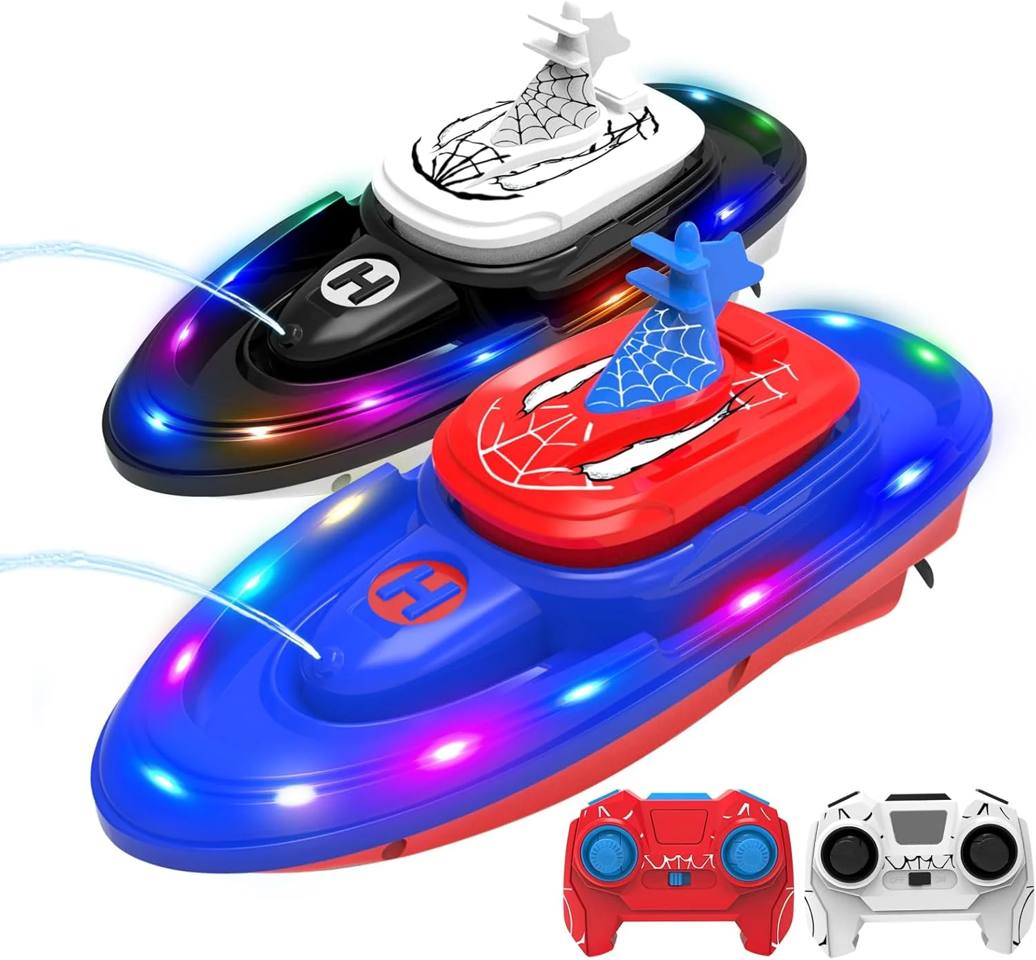قایق کنترلی از راه دور با طرح عنکبوت و قابلیت آب پاشی - بسته 2 عددی (آبی و قرمز)، سرعت 20-30 کیلومتر در ساعت، مناسب برای دریاچه ها، حالت نبرد دوگانه، استخرها، نورهای LED، حوضچه ها، برای پسران یا بزرگسالان (rc Boat-2)