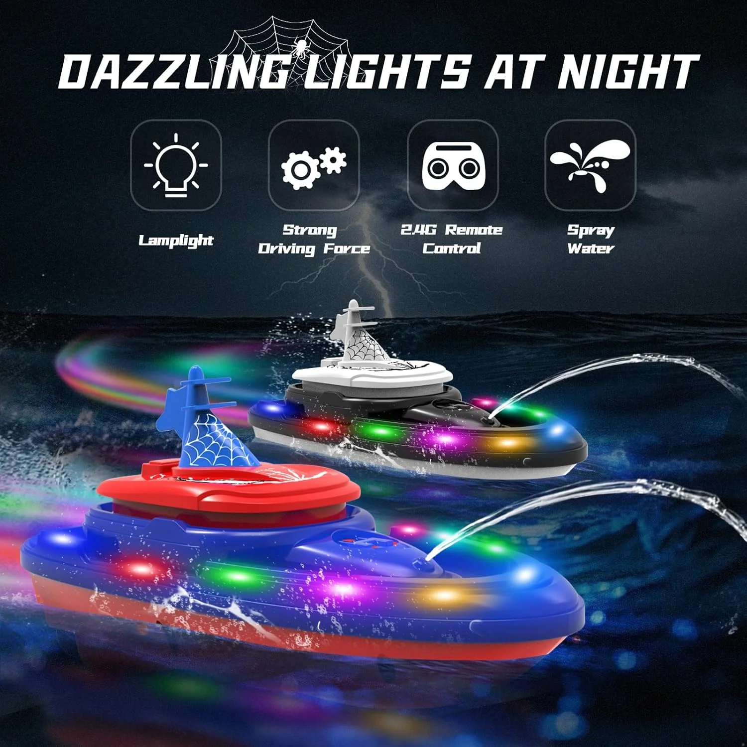 قایق کنترلی از راه دور با طرح عنکبوت و قابلیت آب پاشی - بسته 2 عددی (آبی و قرمز)، سرعت 20-30 کیلومتر در ساعت، مناسب برای دریاچه ها، حالت نبرد دوگانه، استخرها، نورهای LED، حوضچه ها، برای پسران یا بزرگسالان (rc Boat-2)